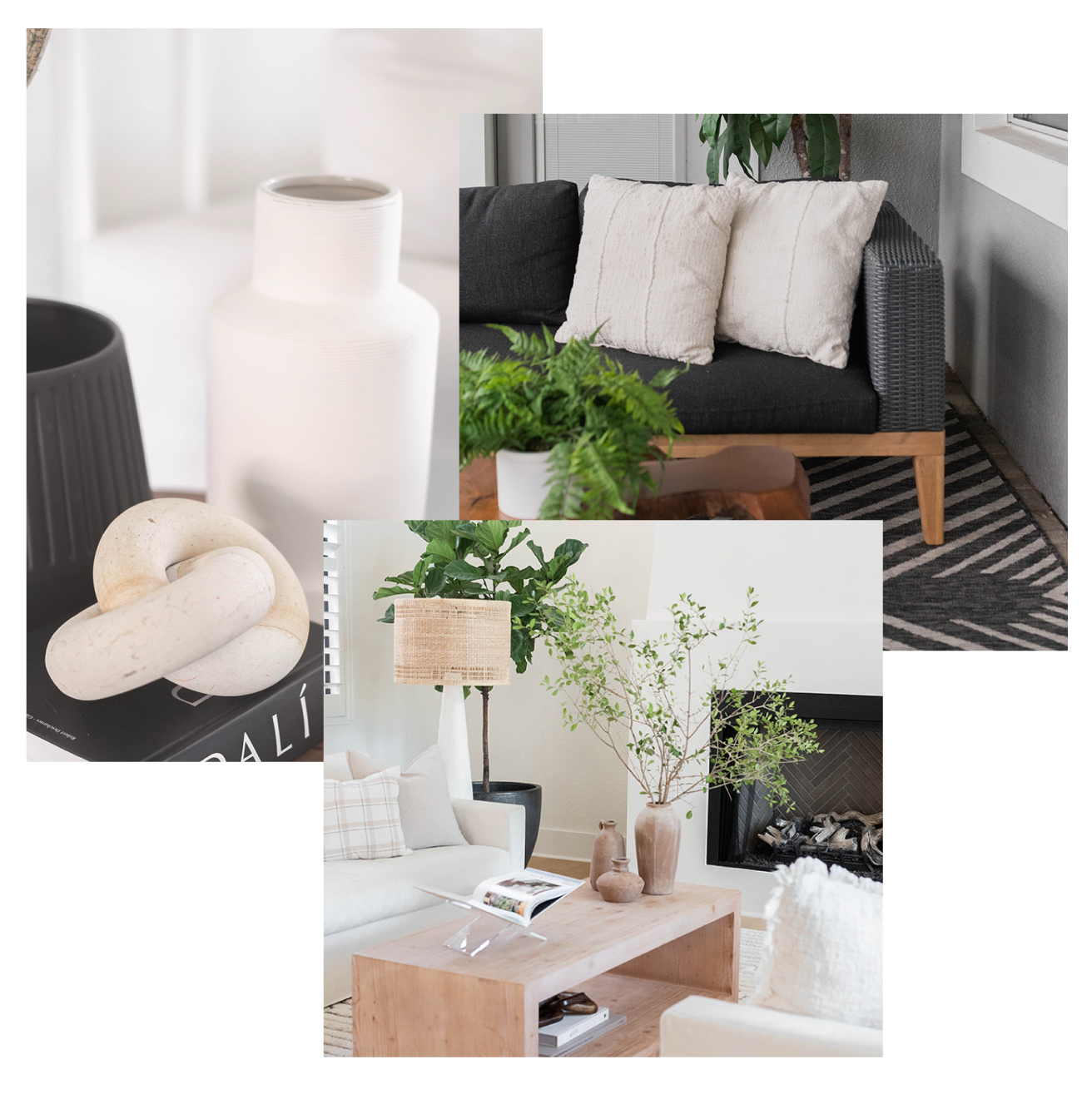 Large white vassel next to black cover Dali book - Dark outdoor sofa with black and white cushions next to wood bark shape coffee table with plant, on top of white and black carpet - Light sofa next to light wood table and dark frame chimney next to light lamp and large plant with dark vase