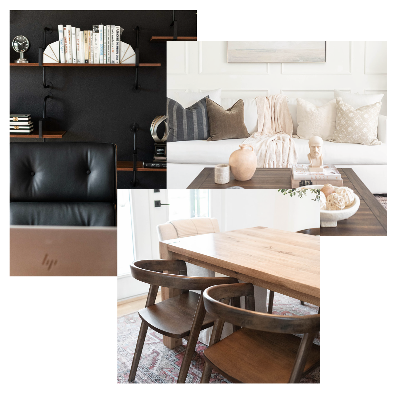 Black wall studio with wood shelves and black metal holding shapes and black desk chair - White sofa with light and dark cushions next to dark wood coffee table - Wood dining table and wood chairs on top of red and grey carpet