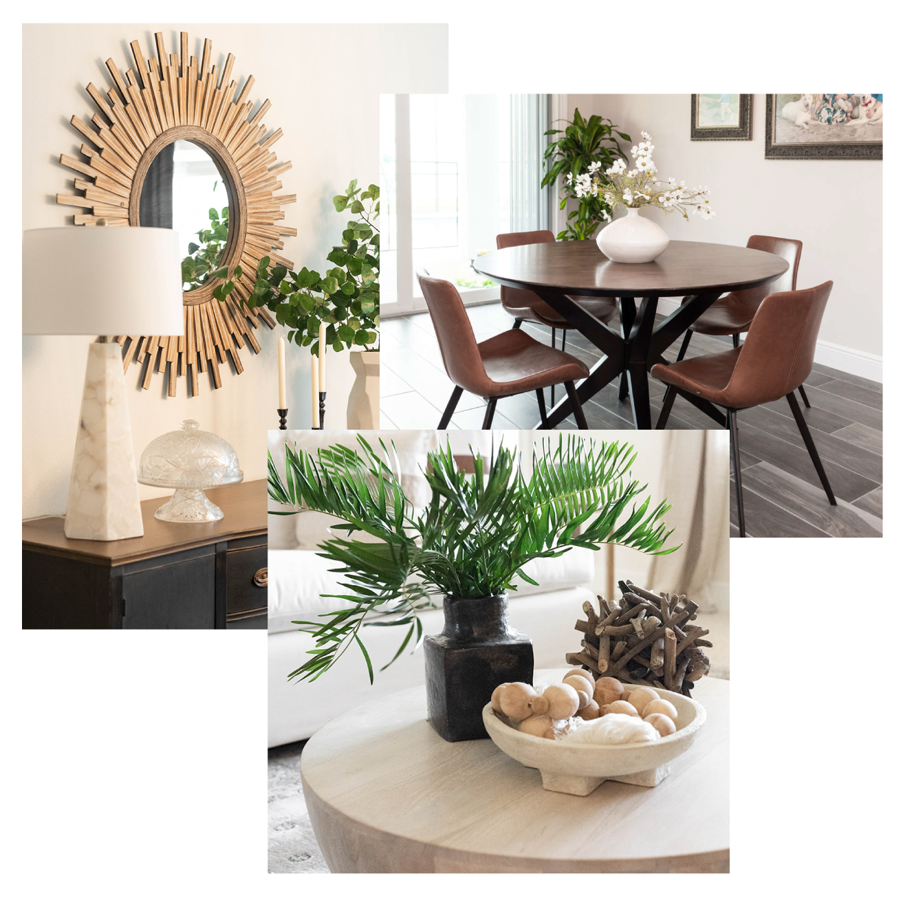 dark wood circle dining table and caramel leather chairs - light wood circle shaped coffee table - gold frame circle mirror next to light lamp