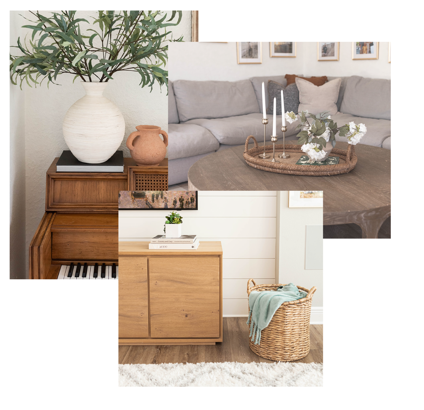 White vessel with green leaf branches on top of caramel wood piano - Dark wood coffee table with white candles and white flowers inside a flat barket on top, next to greyish mauve L-shaped sofa and warm-earth colors cushions - Light wood furniture next to basket with mint green inside on top of dark wood floor and light carpet